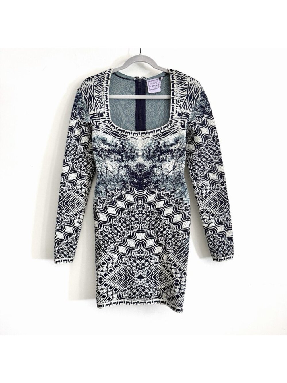Herve Leger Long Sleeve Melissa Blue Mini Dress Jacquard Bodycon Women’s Large